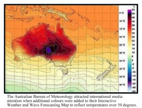 New BOM weather map showing the extreme heat over Australia in January 2013, with a new colour purple in the centre, where the temperature was in the 50s Celcius.