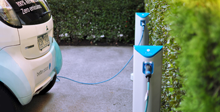 car plugged in to a charging station with the words "zero emissions" visible on the back