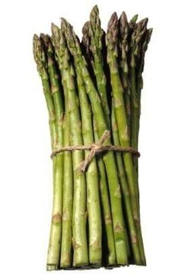 a bunch of asparagus spears, tied with a string