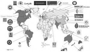 a map of the world with lines leading out to the names of sustainable building rating systems around the world