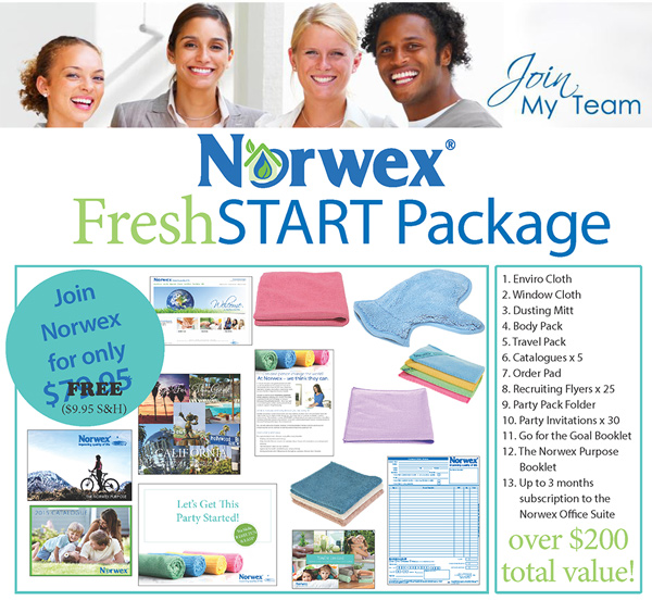 Join Norwex for Free in New Zealand, Norwex Fresh Start Package, Now FREE, enviro cloth, window cloth, dusting mitt, body cloth pack, travel pack, and business supplies!