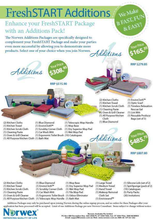 The Norwex Additions packages are an optional extra, specifically designed to complement your Fresh Start package | Select one of your choice when your join Norwex