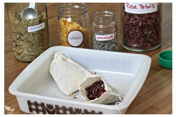 Herbal tea bath bags with rose petals