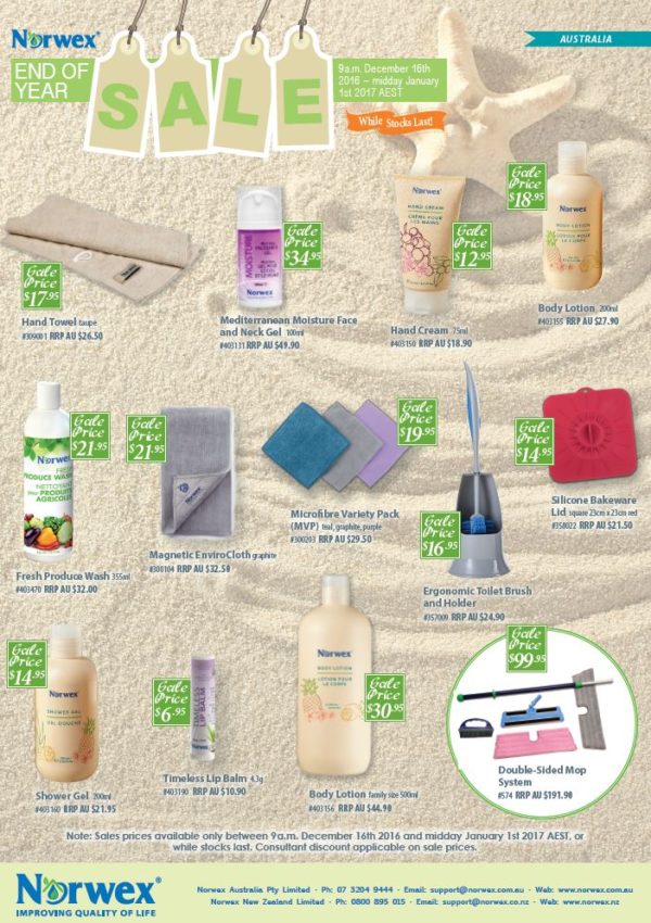 30%+ off sale items: taupe hand towel, face and neck gel, hand cream, body lotion, Fresh Product Wash, Magnetic enviro towel, microfibre variety pack, ergonomic toilet brush, square silicon lid, shower gel, lip balm (35% off!), double sided mop system