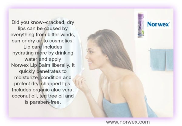 Lip care includes hysdrating more by drinking water and applying lip balm liberally, as the lips have no oil glands. Norwex lip balm moisturises and protects lips with organic aloe vera, coconut oil, and tea tree oil, and is gluten and paraben free.