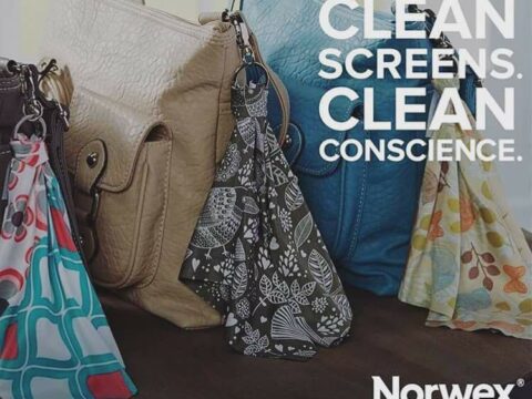 Clean Screens Clean Conscience Norwex optic scarf microfibre for cleaning glasses and phones, clips to bag