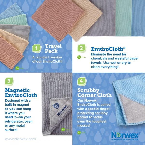 Four Envirocloth options: The Norwex Travel pack - a compact version of our envirocloth in a set of 5; the full size Envirocloth - Eliminate the need for chemicals and wasteful paper towels. Use wet of dry to clean everything; the Magnetic Envirocloth - designed with a built in magnet so you can hang it where you need it- on your refrigerator, oven, or any metal surface! And the Scrubby Corner Cloth: Our norwex envirocloth paired with a special finger protecting scrubby pocket to tackle even the toughest messes!