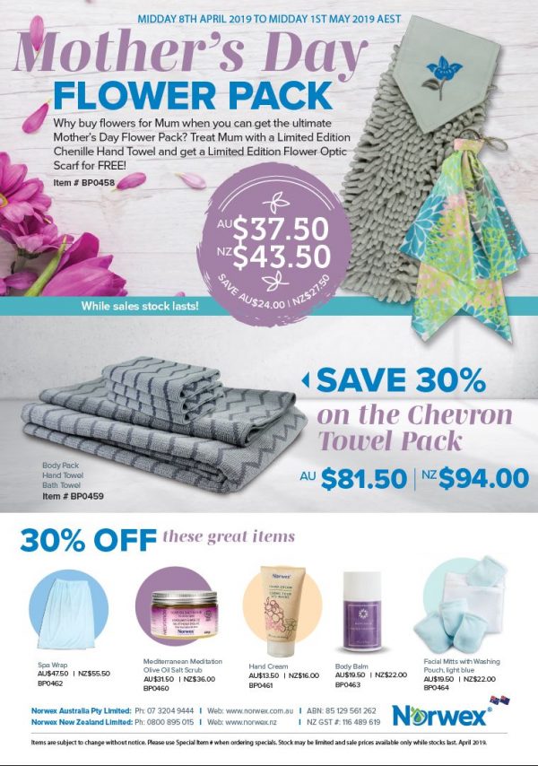 Norwex Australia Mother's Day Flower Pack and 30% off sale, midday 8th April to Midday 1st May, AEST.
Why buy flowers for Mum when you can get the ultimate Mother's Day Flower Pack? Treat Mum with a Limited Edition Chenille Hand Towel and get a Limited Edition Flower Optic Scarf for FREE.
While Stocks last!