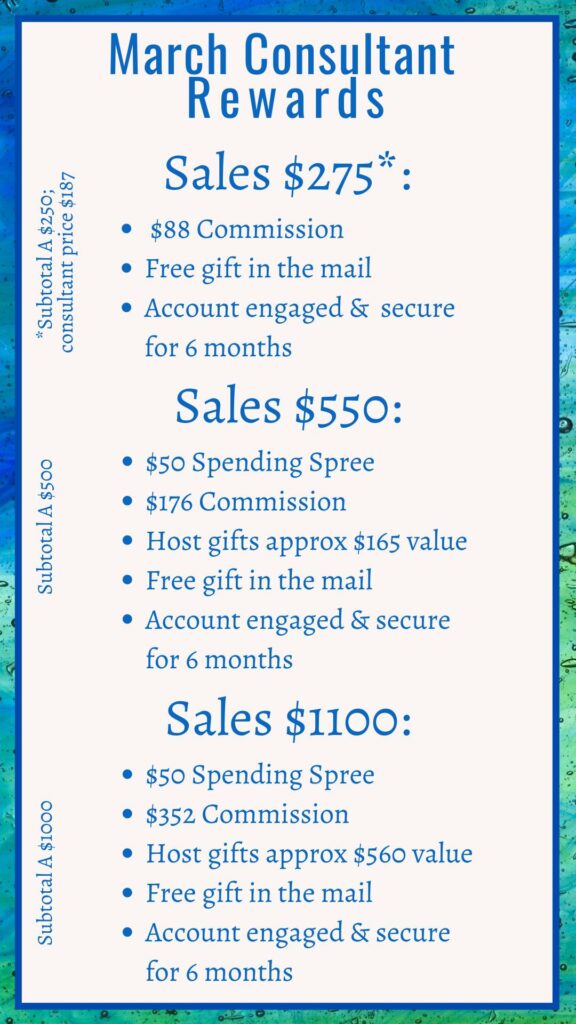 March Consultant rewards and commission at sales of $275, $550 and $1100.