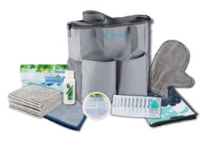 images shows a Norwex bag with pockets, a 250g ultra power plus washing powder; a face and body pack; a fresh wash sample; an envirocloth; a window cloth; a dusting mitt, a cleaning paste, and 10 ultra-jet dishwasher powder sample sachets.