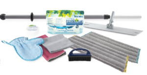 image shows a 250g ultra power plus washing powder, an envirocloth, a window cloth, a dusting mitt, a cleaning paste, and a mop with wet and dry mop pads.